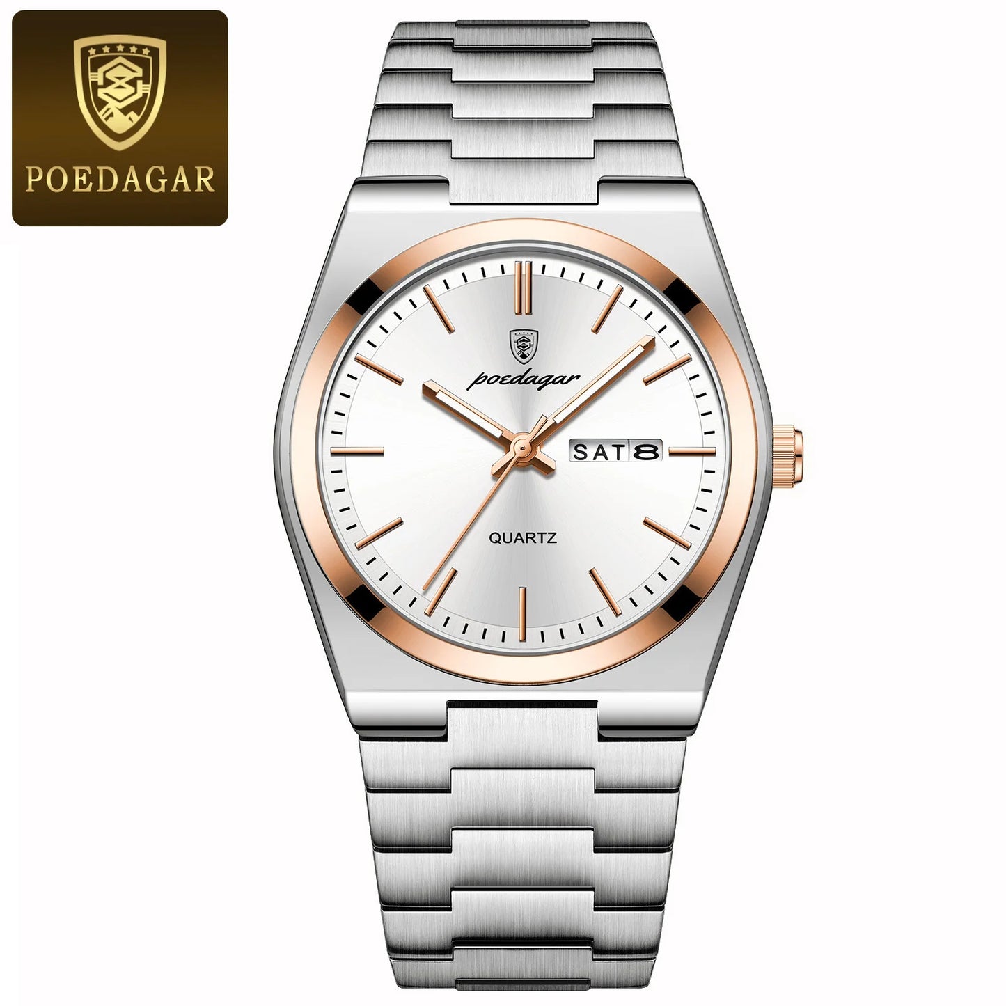 POEDAGAR Men’s Quartz Watch – Date & Week Display, Luminous, Stainless Steel & Waterproof