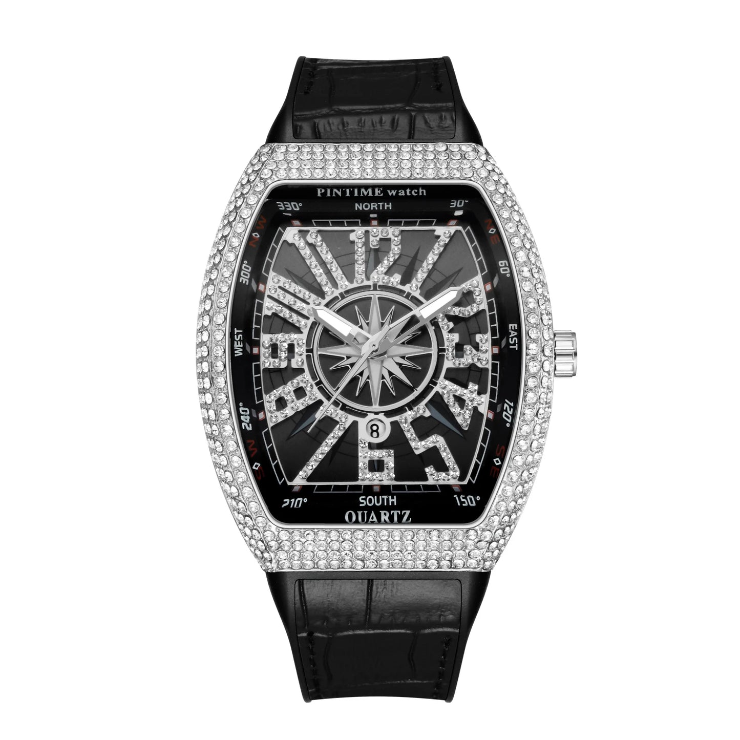 PINTIME Men’s Yacht Bottle Quartz Watch – Diamond-Studded Vintage Dial, Leather Strap, Waterproof
