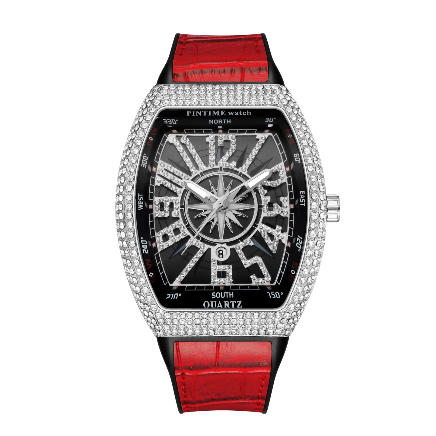PINTIME Men’s Yacht Bottle Quartz Watch – Diamond-Studded Vintage Dial, Leather Strap, Waterproof