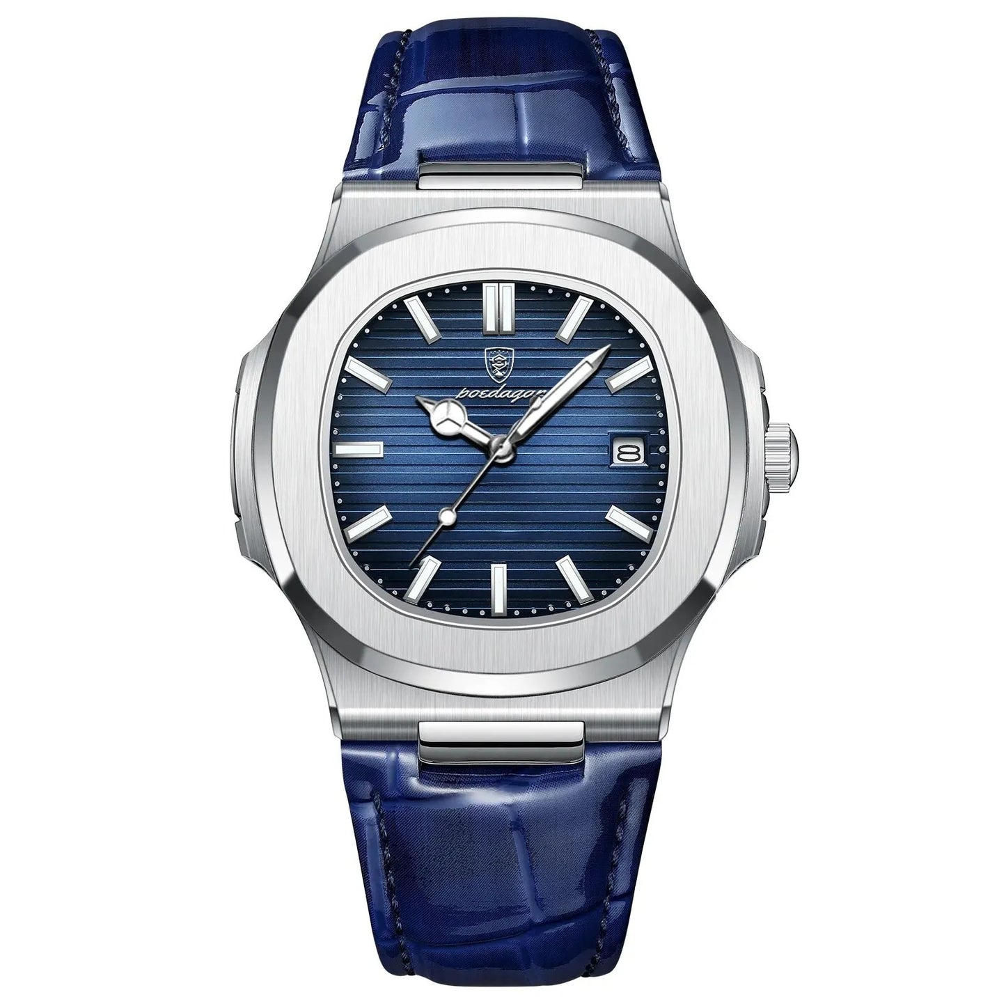 POEDAGAR Men’s Luxury Square Quartz Watch – Day & Date Display, Luminous Hands, Leather Strap & Waterproof