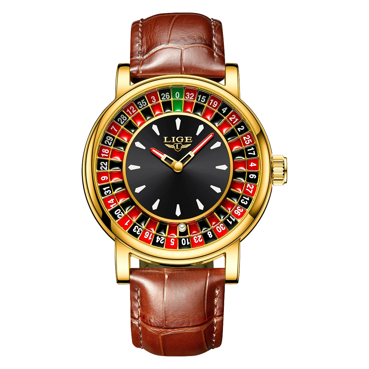 LIGE Men’s Quartz Watch – Roulette Game Dial, Leather Strap, Waterproof & Luminous