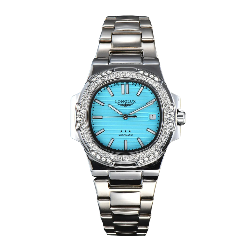 LONGLUX Men’s Automatic Mechanical Watch – Day & Date, Diamond Accents, Stainless Steel & Water-Resistant