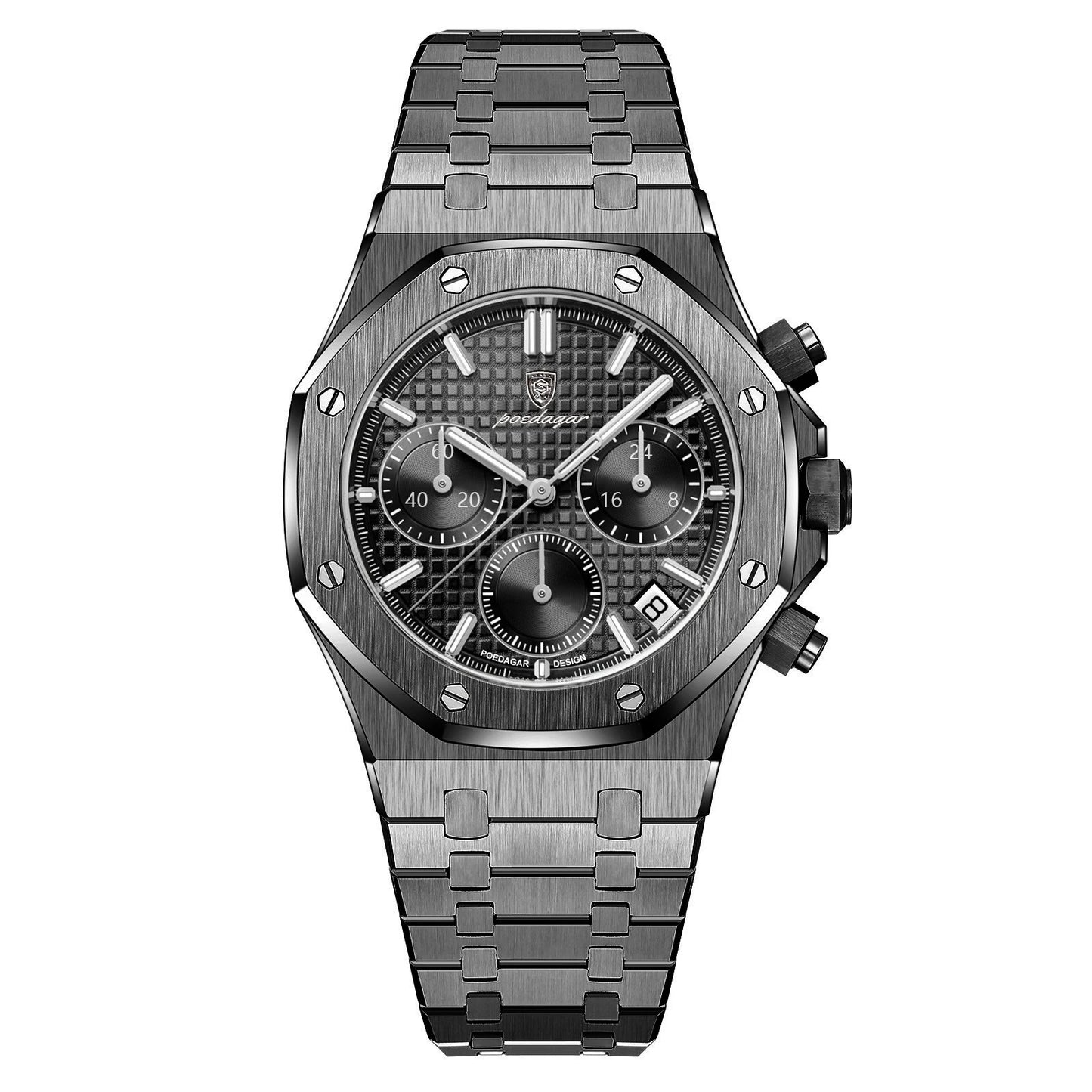 POEDAGAR Men’s Quartz Chronograph Watch – Date Display, Luminous, Waterproof Stainless Steel
