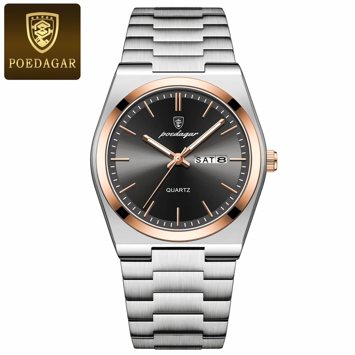 POEDAGAR Men’s Quartz Watch – Date & Week Display, Luminous, Stainless Steel & Waterproof