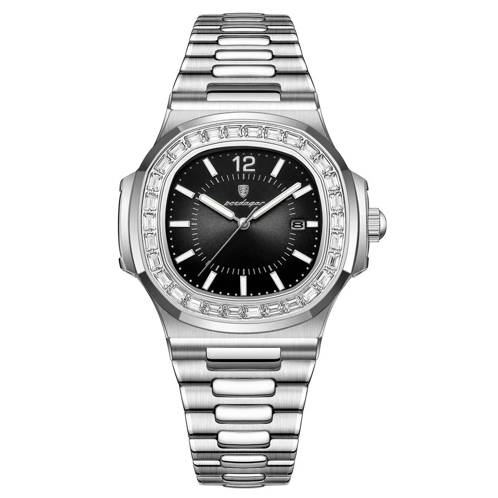 POEDAGAR Men’s Luxury Square Quartz Watch – Date Display, Luminous Hands, Waterproof Stainless Steel