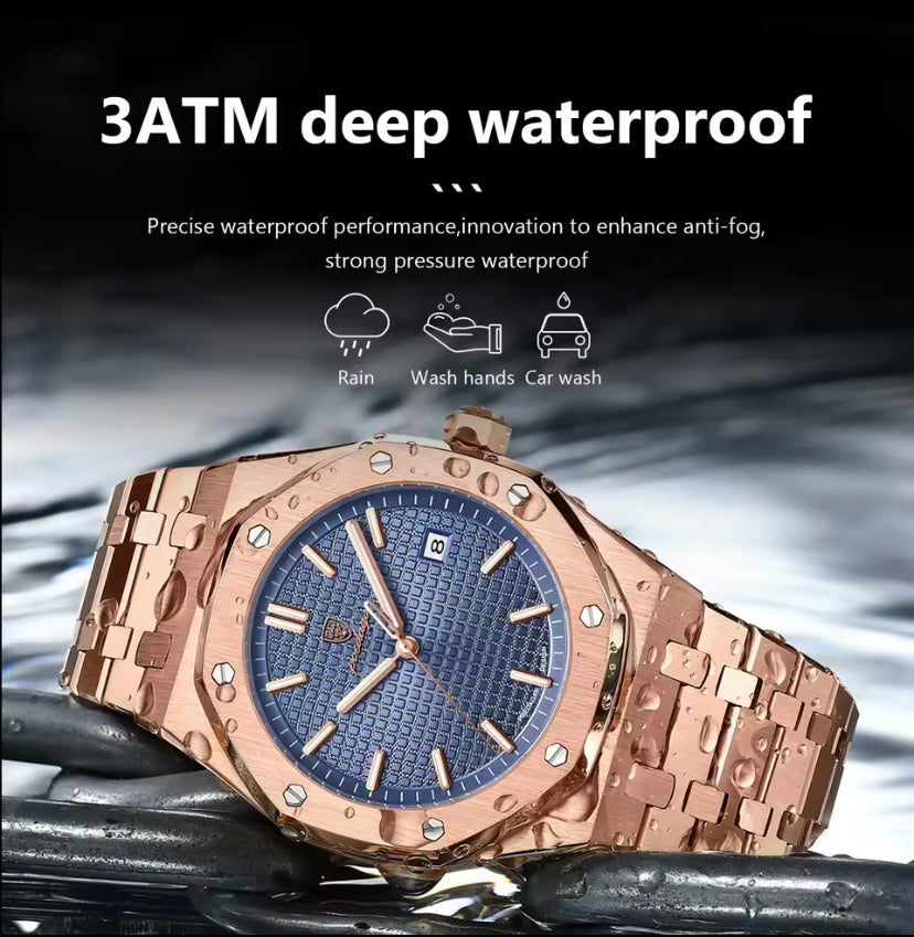POEDAGAR Luxury Business Quartz Watch – Day & Date, Luminous, Waterproof Stainless Steel