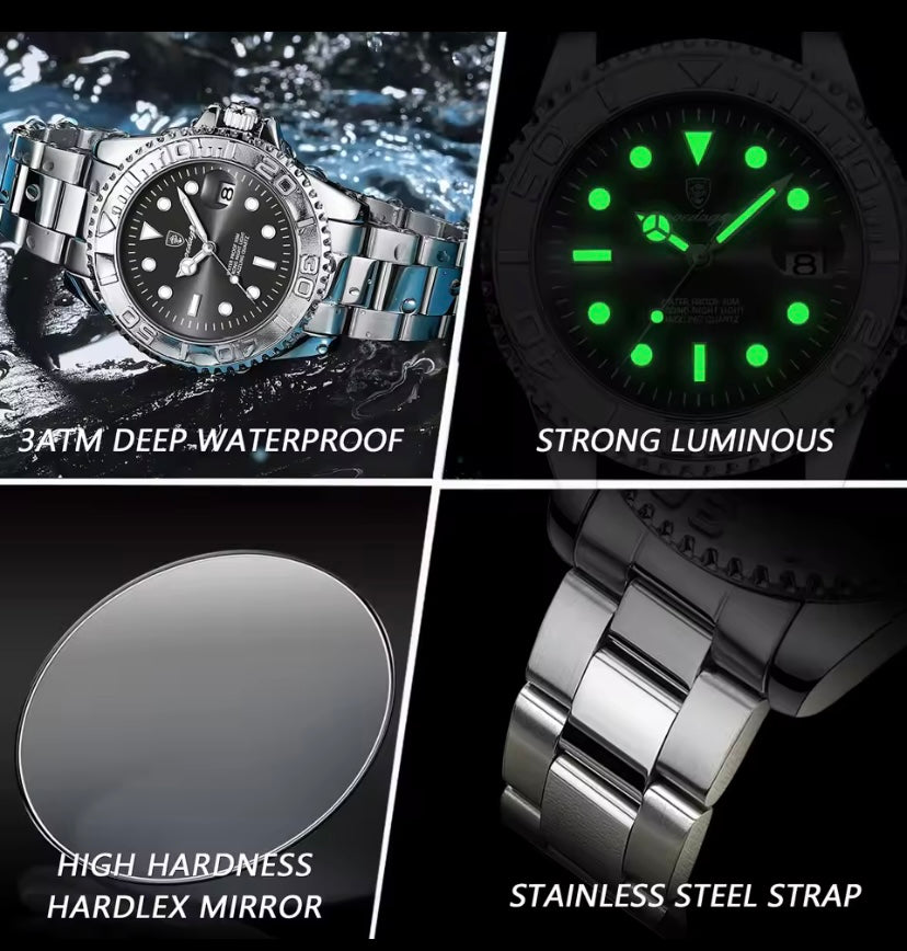 POEDAGAR Classic Luxury Quartz Watch – Stainless Steel, Luminous, Waterproof, Date Function + Gift Box
