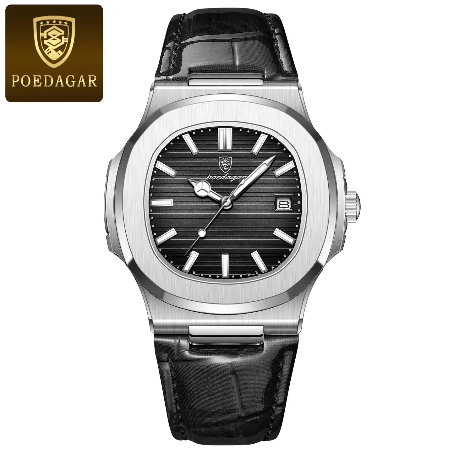 POEDAGAR Men’s Luxury Square Quartz Watch – Day & Date Display, Luminous Hands, Leather Strap & Waterproof