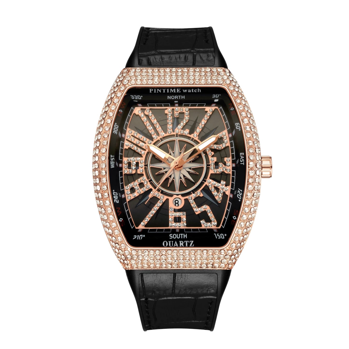 PINTIME Men’s Yacht Bottle Quartz Watch – Diamond-Studded Vintage Dial, Leather Strap, Waterproof