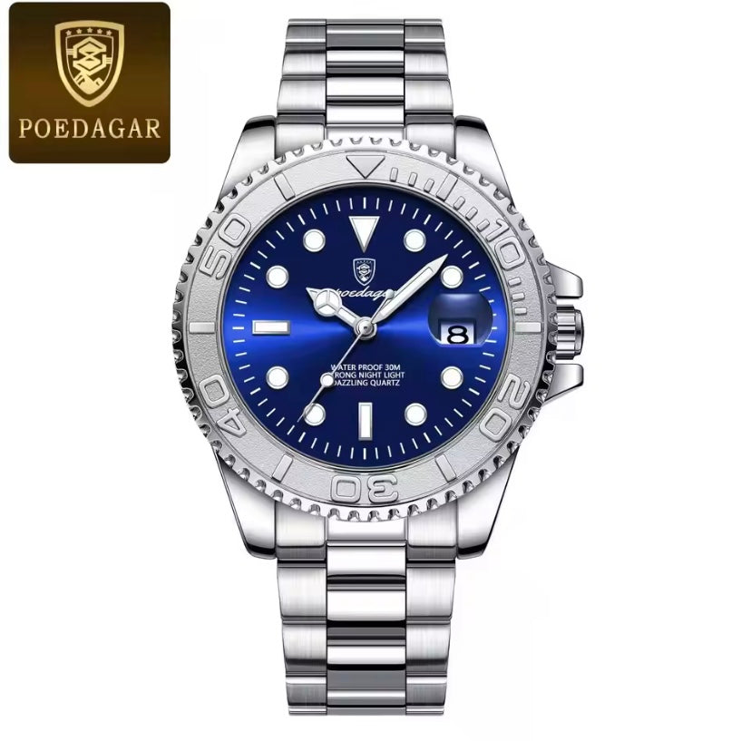 POEDAGAR Classic Luxury Quartz Watch – Stainless Steel, Luminous, Waterproof, Date Function + Gift Box