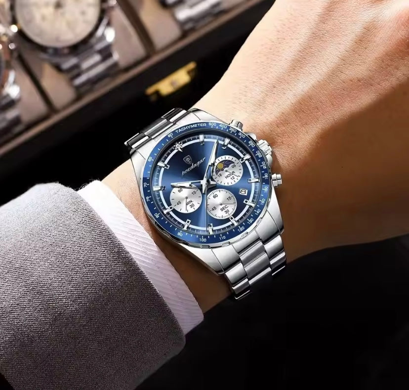 Poedagar Luxury Moon-Phase Chronograph Stainless Steel Watch