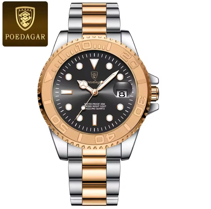 POEDAGAR Classic Luxury Quartz Watch – Stainless Steel, Luminous, Waterproof, Date Function + Gift Box