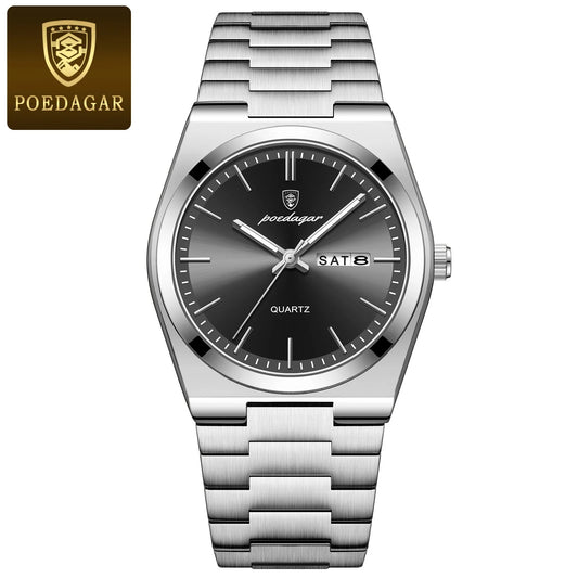 POEDAGAR Men’s Quartz Watch – Date & Week Display, Luminous, Stainless Steel & Waterproof
