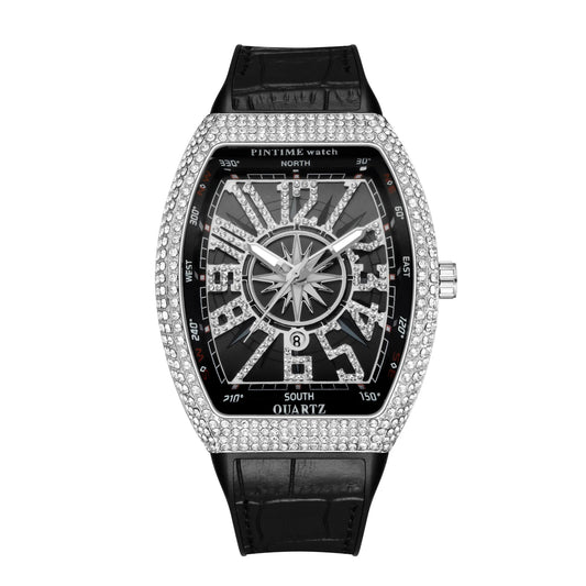 PINTIME Men’s Yacht Bottle Quartz Watch – Diamond-Studded Vintage Dial, Leather Strap, Waterproof