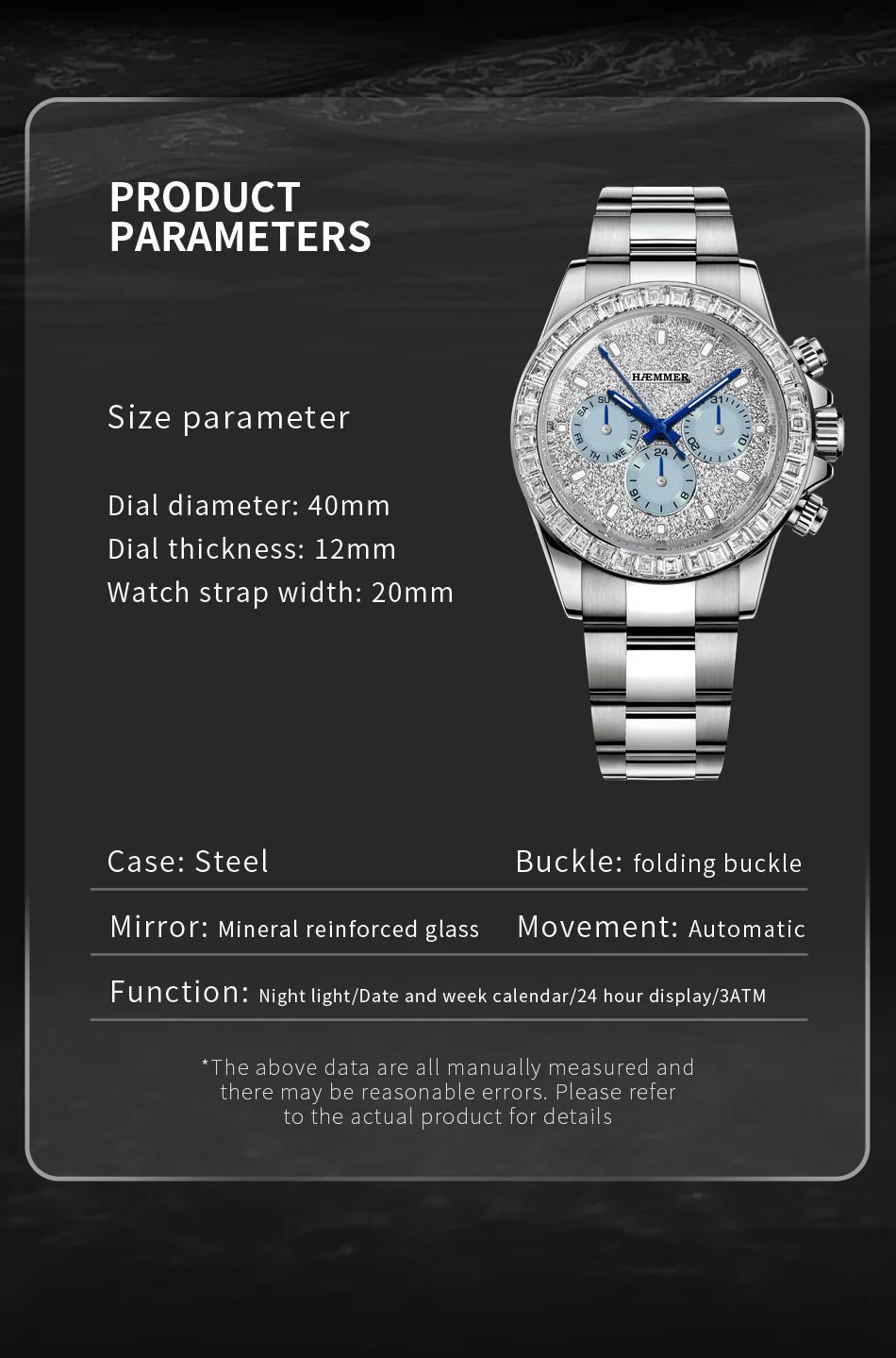 HAEMMER Men’s Automatic Mechanical Watch – Multifunction, Diamond Accent, Waterproof, Stainless Steel