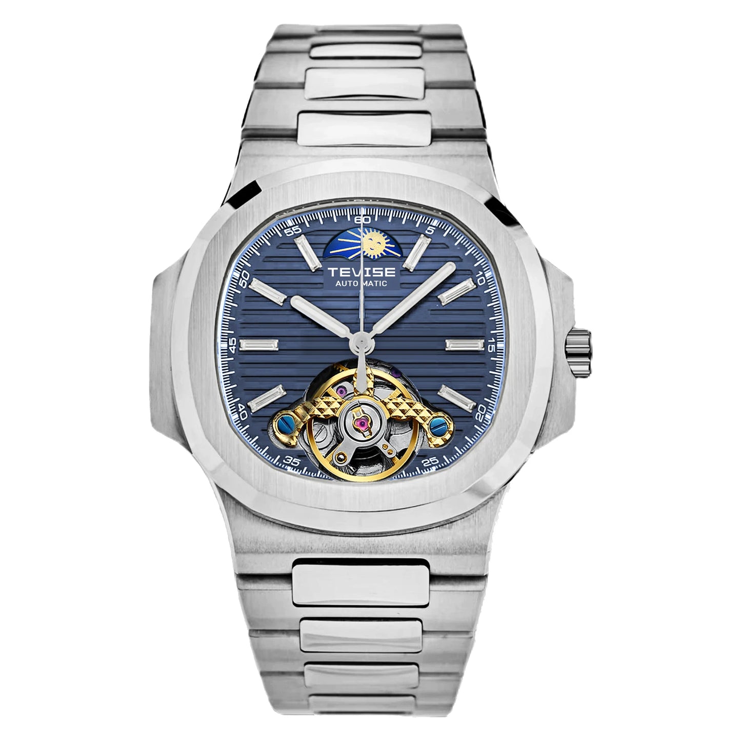 TEVISE Men’s Moon Phase Skeleton Automatic Watch – Stainless Steel,