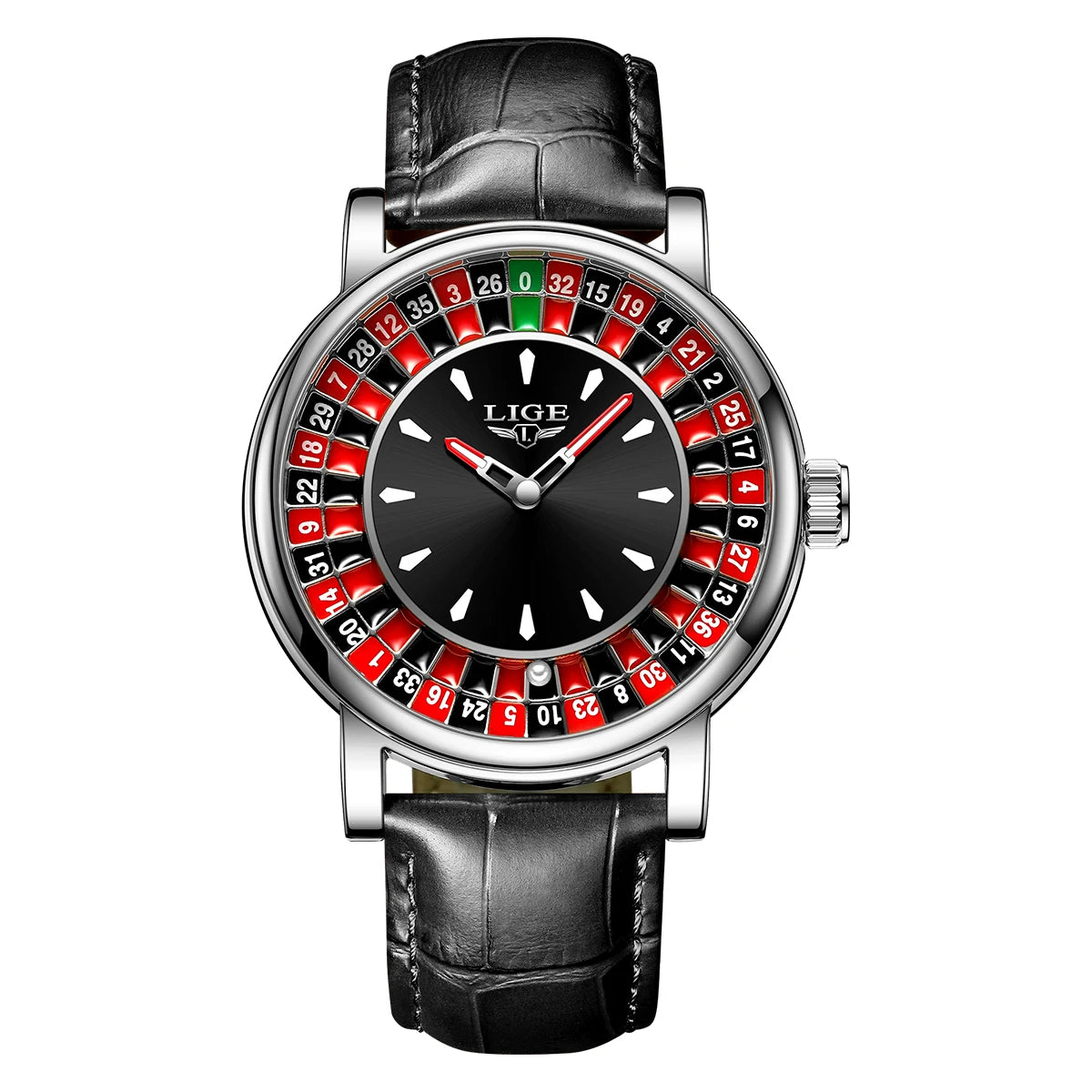 LIGE Men’s Quartz Watch – Roulette Game Dial, Leather Strap, Waterproof & Luminous