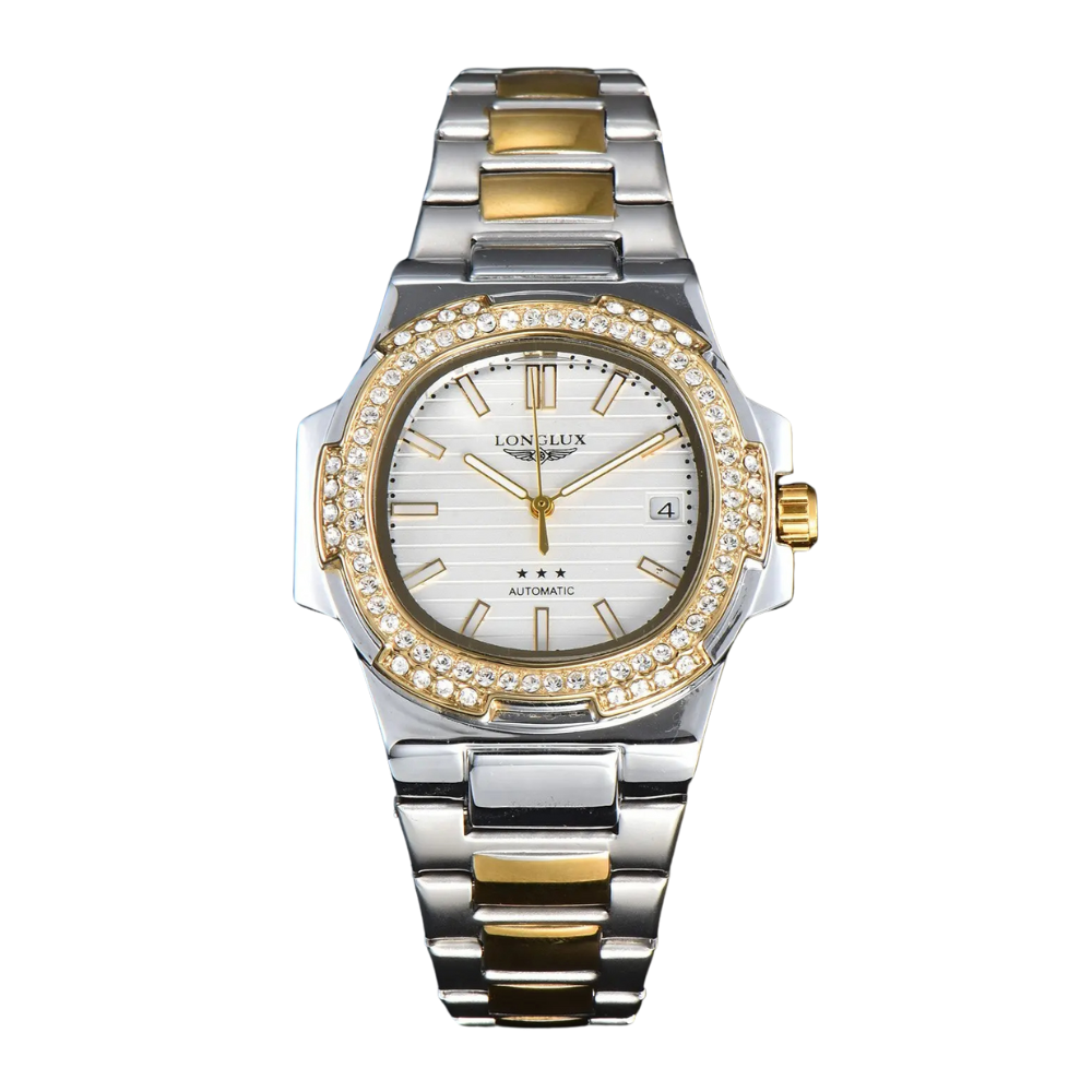 LONGLUX Men’s Automatic Mechanical Watch – Day & Date, Diamond Accents, Stainless Steel & Water-Resistant
