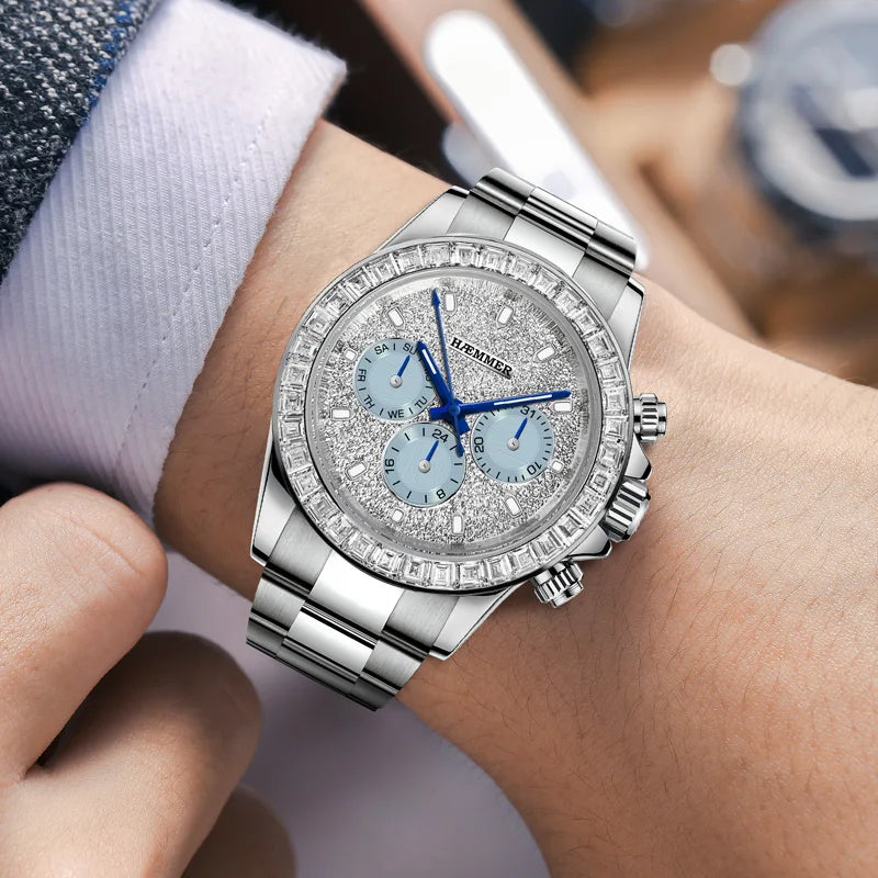 HAEMMER Men’s Automatic Mechanical Watch – Multifunction, Diamond Accent, Waterproof, Stainless Steel