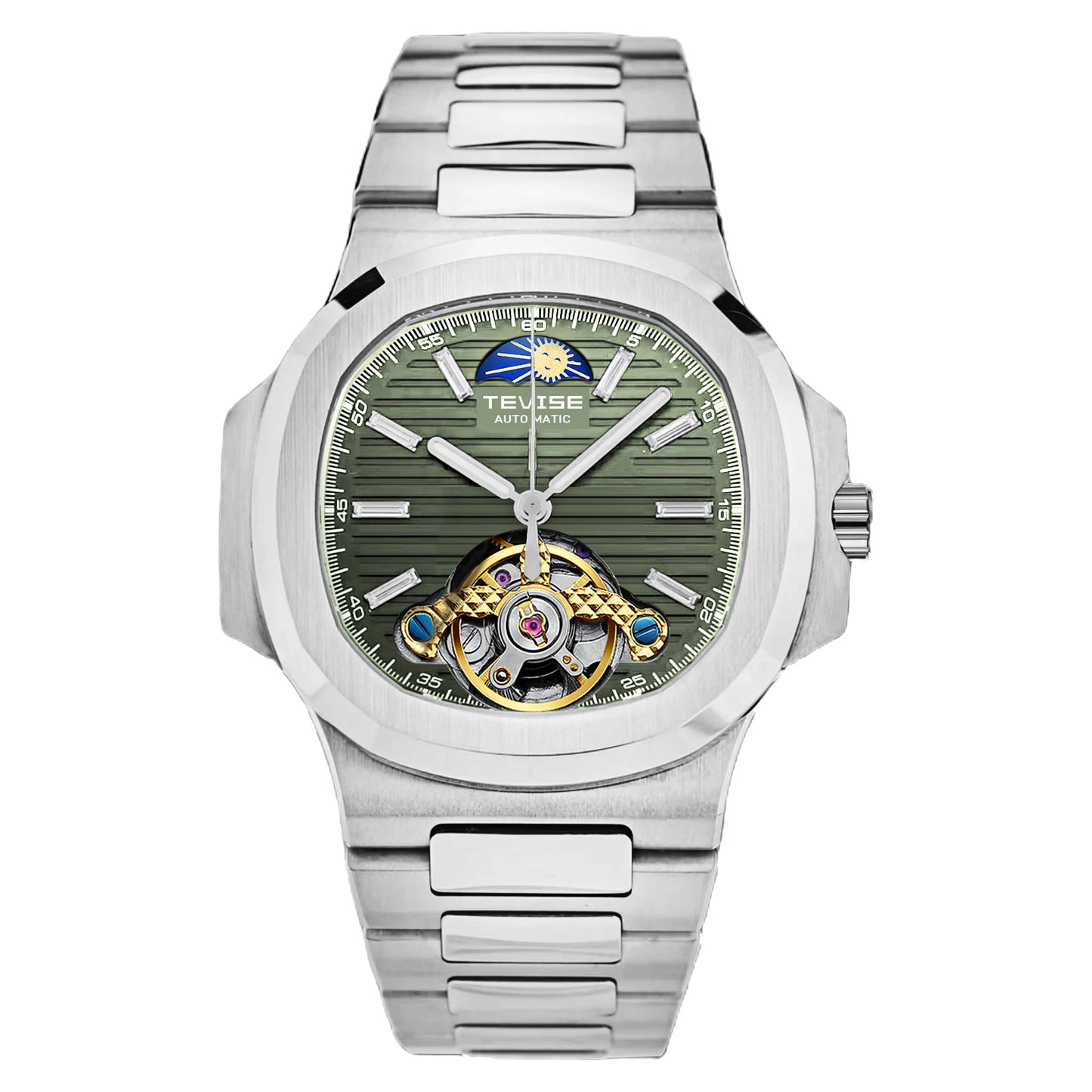 TEVISE Men’s Moon Phase Skeleton Automatic Watch – Stainless Steel,