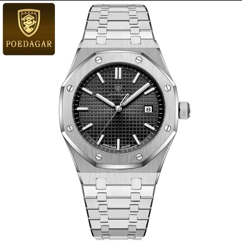 POEDAGAR Luxury Business Quartz Watch – Day & Date, Luminous, Waterproof Stainless Steel