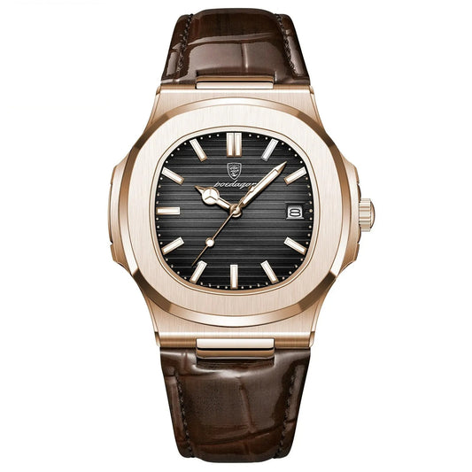 POEDAGAR Men’s Luxury Square Quartz Watch – Day & Date Display, Luminous Hands, Leather Strap & Waterproof