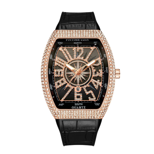 PINTIME Men’s Yacht Bottle Quartz Watch – Diamond-Studded Vintage Dial, Leather Strap, Waterproof