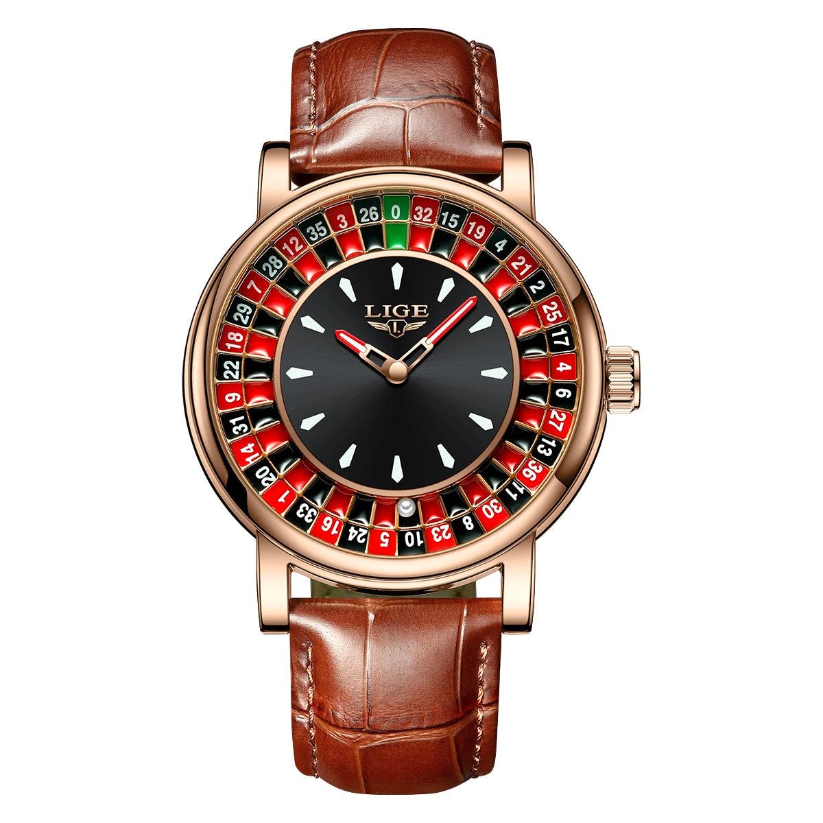 LIGE Men’s Quartz Watch – Roulette Game Dial, Leather Strap, Waterproof & Luminous