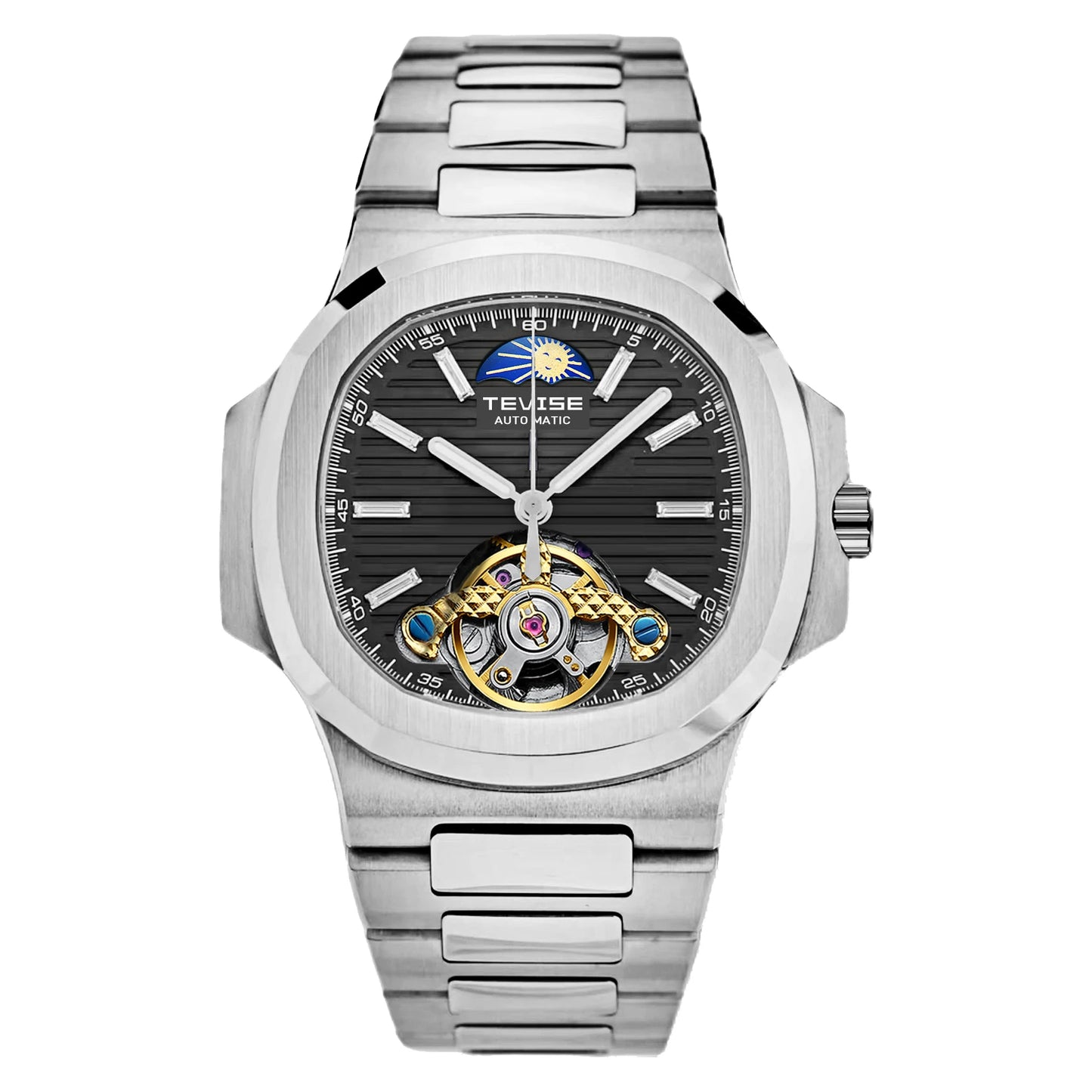 TEVISE Men’s Moon Phase Skeleton Automatic Watch – Stainless Steel,