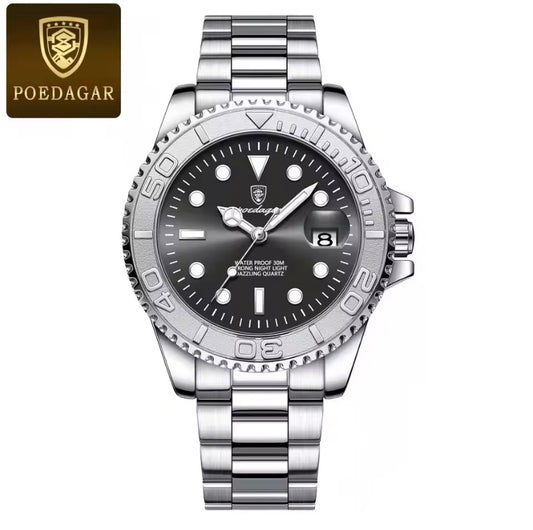 POEDAGAR Classic Luxury Quartz Watch – Stainless Steel, Luminous, Waterproof, Date Function + Gift Box