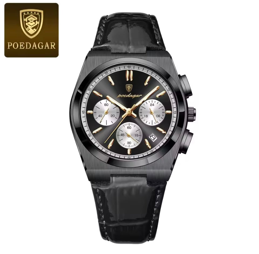 POEDAGAR Men’s Military Chronograph Watch – Leather Strap & Waterproof