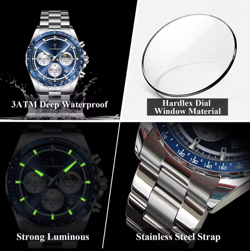 Poedagar Luxury Moon-Phase Chronograph Stainless Steel Watch