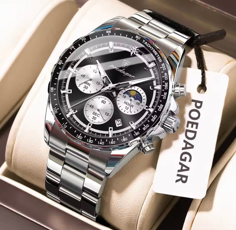 Poedagar Luxury Moon-Phase Chronograph Stainless Steel Watch